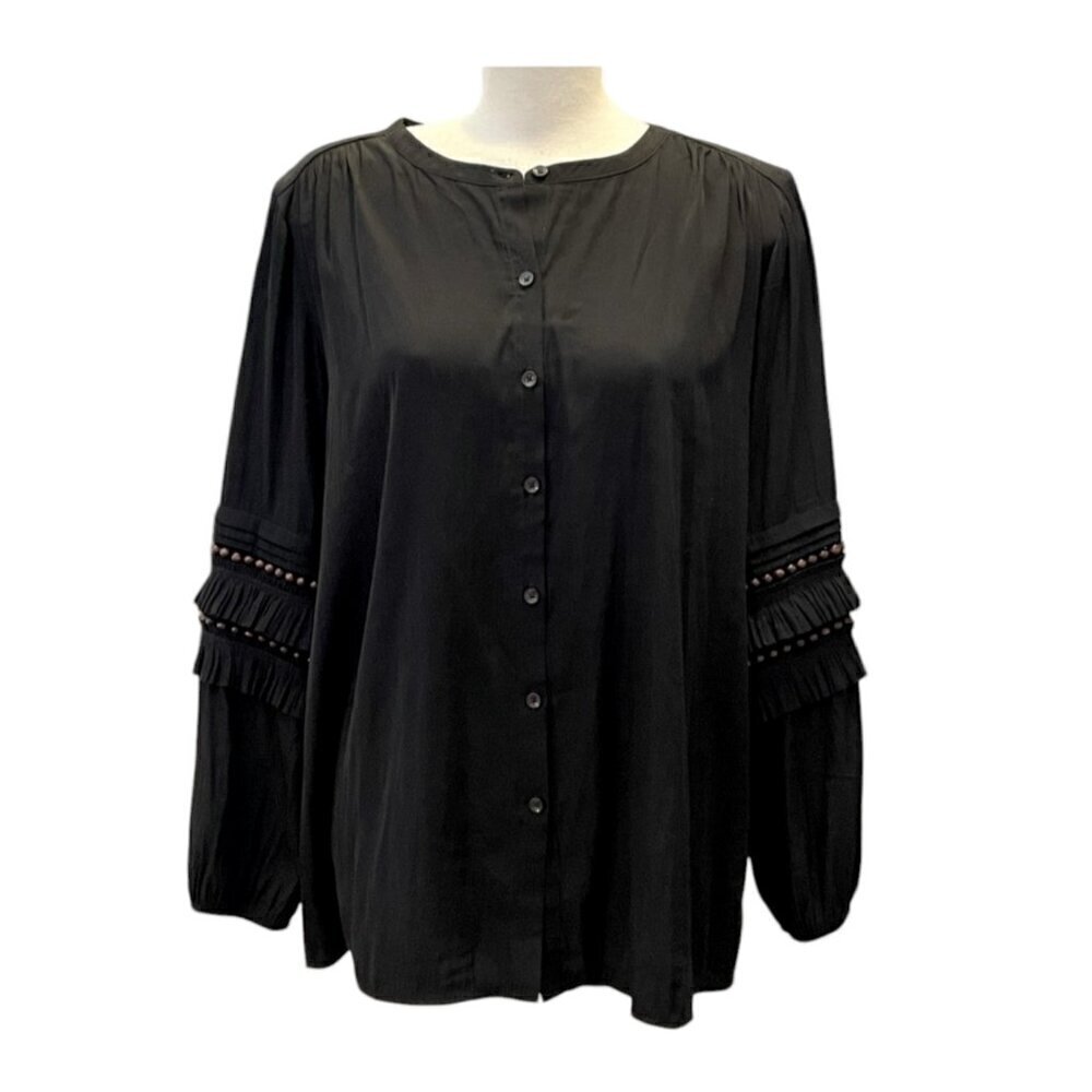 CHICOS Wood beaded Women's Blouse Size 3/XL Black Boho Top Long Sleeves Buttons